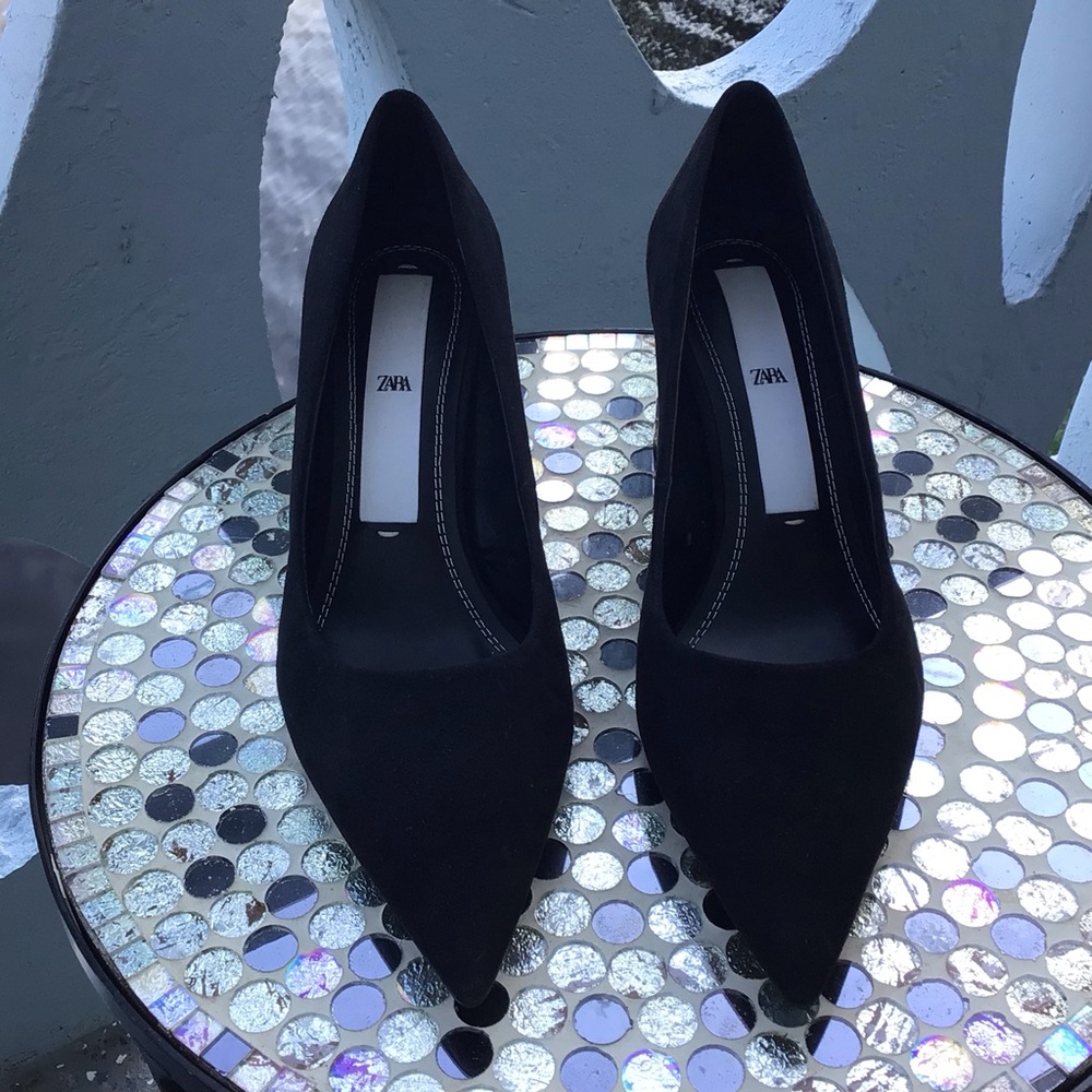 Zara Women's Marble Effect Black Pointed Toe Pumps